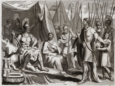 Royaumontin raamattu, Vanha testamentti: Holoferne. Nebukadnessar II:n käsivarren kenraali Holoferne lähestyy Juudeaa. Ahior, ammonilaisten kuningas, joka tuli antamaan hänelle takaisin, nostaa Holofernen eteen juutalaisten Jumalan voimaa. Kuva 181 tekijältä Unknown artist