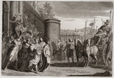 Royaumontin raamattu, Vanha testamentti: Jephte uhraa tyttärensä. Jefte, yksi Israelin tuomareista, vannoi uhraavansa Jumalalle ensimmäisen henkilön, joka tulee hänen luokseen hänen voitonsa jälkeen ammonilaisia vastaan. Se oli hänen tyttärensä. Kuvitus vu tekijältä Unknown artist
