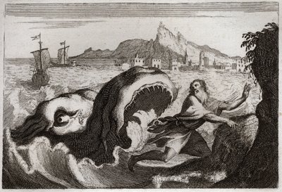 Royaumontin raamattu, Vanha testamentti: Joona valaassa. Profeetta Jonas asuu valaassa ja tulee ulos elävänä. Kuvitus vuodelta 1811. tekijältä Unknown artist