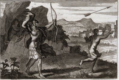 Royaumontin raamattu, Vanha testamentti: Jonathan ja David. Ja kun Joonatan näki isänsä katkeran, Saul varoitti häntä vetäytymään. Kuvitus vuodelta 1811. tekijältä Unknown artist