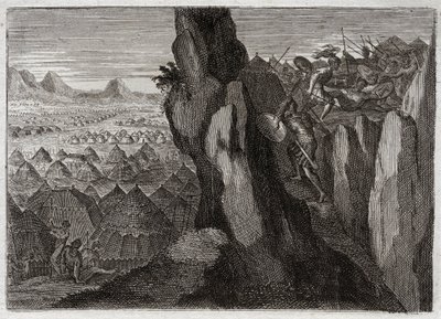 Royaumontin raamattu, Vanha testamentti: Jonathan ja hänen Ecuyer. Joonatan, kuningas Saulin poika, menee yksin Ecuyerin kanssa filistealaisten leiriin ja pakottaa heidät pakoon. Kuvitus vuodelta 1811. tekijältä Unknown artist