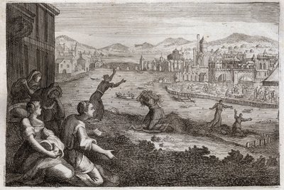 Royaumontin raamattu, Vanha testamentti: Egyptin kätilöt. Farao heittää israelilaisten poikalapset Niiliin. Kuvitus vuodelta 1811. tekijältä Unknown artist