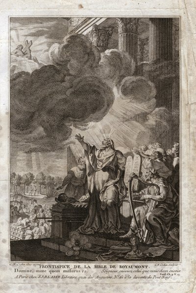 Royaumontin raamattu, Vanha testamentti: Mooses puhuttelee Jumalaa ("Herra, lähetä kenet sinun tulee lähettää"). Frontispice. Kuvitus vuodelta 1811. tekijältä Unknown artist