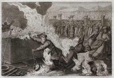Royaumontin raamattu, Vanha testamentti: Nadab ja Abiu. Nadab (Nadav) ja Abiu (Abihou), Aaronin pojat, jotka sytyttivät suitsukkeitaan vieraan tulen uhratakseen suitsuketta Jumalalle, poltettiin itse majassa. Kuvitus vuodelta 1811. tekijältä Unknown artist