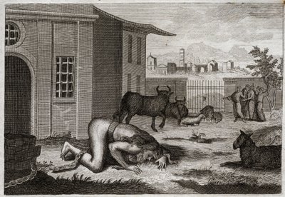 Royaumontin raamattu, Vanha testamentti: Nebukadnessar muuttuu beteeksi. Kuningas Nebukadnessar II muutetaan oikeudenmukaisella rangaistuksellaan ylpeydestään beteiksi. Kuvitus vuodelta 1811. tekijältä Unknown artist