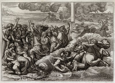 Royaumontin raamattu, Vanha testamentti: Farao uppoaa Punaiseen mereen. Mooseksen ja heprealaisten kulku Punaisenmeren yli hukuttaen faraon armeijan. Kuvitus vuodelta 1811. tekijältä Unknown artist
