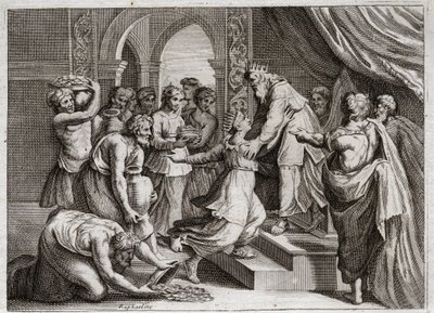 Royaumontin raamattu, Vanha testamentti: Saban kuningatar. Saban kuningatar tulee Salomon luo kuuntelemaan hänen viisauttaan ja tarjoamaan hänelle lahjoja. Kuvitus vuodelta 1811. tekijältä Unknown artist