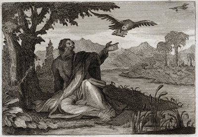 Royaumontin raamattu, Vanha testamentti: Elian korpit. Jumala löi maahan kolme vuotta vanhan steriilitulehduksen, lähetti profeetta Elian puron varrella tai kaksi varista toi hänelle ruokaa. Kuvitus vuodelta 1811. tekijältä Unknown artist
