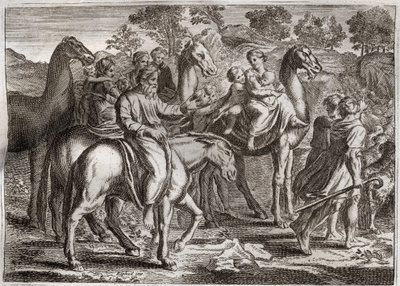 Royaumontin raamattu, Vanha testamentti: Jaakobin paluu. Jaakobin paluu Kanaanin maahan vaimoineen Raakelin ja Lean sekä lastensa kanssa. Kuvitus vuodelta 1811. tekijältä Unknown artist