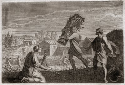 Royaumontin raamattu, Vanha testamentti: Ruth seuraa anoppiaan Noemia (Naomi, Noemie) Juudan maassa ja niittää Boaksen (Boasin) vehnäpellot. Kuvitus vuodelta 1811. tekijältä Unknown artist