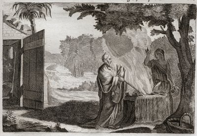 Royaumontin raamattu, Vanha testamentti: Gedeonin uhri. Gedeon (Gideon) on Jumalan kutsuma ottamaan pois juutalaiset heidän vihollisistaan. Hän uhraa uhrin kivellä, josta hän tulee ulos tuli, joka kuluttaa sen. Kuvitus vuodelta 1811. tekijältä Unknown artist