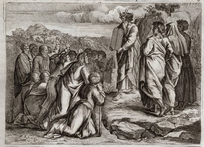 Royaumontin raamattu, Vanha testamentti: Toiset lain taulukot. Jumala antaa Moosekselle muita taulukoita (kymmenen käskyä), jotka ihmiset ottavat vastaan kunnioituksella. Kuvitus vuodelta 1811. tekijältä Unknown artist