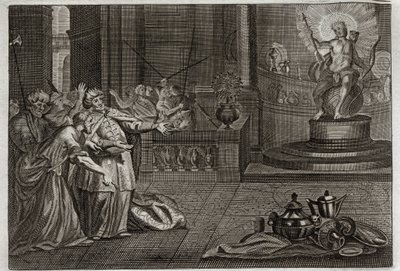 Royaumontin raamattu, Vanha testamentti: Belin epäjumala. Daniel tuhosi Belin epäjumalan ja tappoi lohikäärmeen, jota babylonialaiset palvoivat. Kuvitus vuodelta 1811. tekijältä Unknown artist