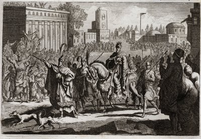 Royaumontin raamattu, Vanha testamentti: Mardocheen voitto. Kuningas pakottaa Amanin (Hamanin) julkaisemaan vihollisensa Mardocheen (tai Mordekhain tai Mordekain) voiton koko Susanin (tunnetaan paremmin nimellä Susa) kaupungissa. Kuvitus vuodelta 1811. tekijältä Unknown artist