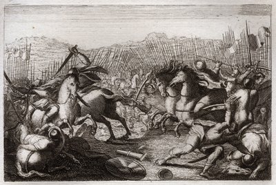 Royaumontin raamattu, Vanha testamentti: Juudaksen voitto. Juudas Makkabee (Maccabee, Maccabee) voitti Apolloniuksen, Seronin, Ptolemaios Macronin, Gorgiaksen, Nikanorin ja Lysiaksen erilaisissa taisteluissa. Kuva osoitteesta tekijältä Unknown artist