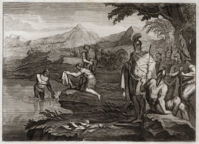 Royaumontin raamattu, Vanha testamentti: Naamanin sota. Naaman, Syyrian kuninkaan armeijan kenraali, tuli löytämään profeetta Eliseen parantuvan spitaalistaan. Kuvitus vuodelta 1811. tekijältä Unknown artist