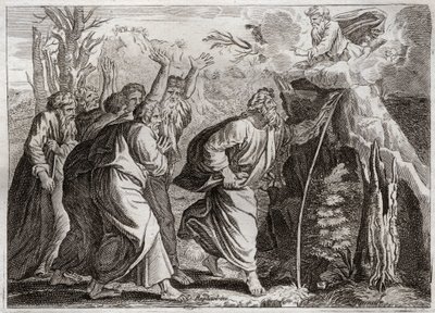 Royaumontin raamattu, Vanha testamentti: Vesi kalliolta. Mooses tuo vettä kalliosta ja juottaa Israelin kansaa. Kuvitus vuodelta 1811. tekijältä Unknown artist
