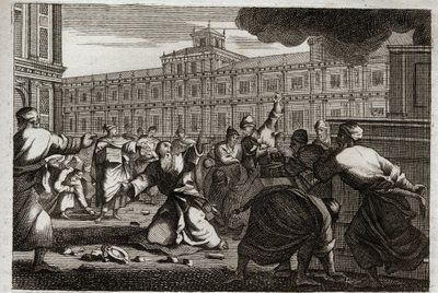 Royaumontin raamattu, Vanha testamentti: Sakarja kivitettiin. Ylimmäinen pappi Sakarja kivitettiin Juudan kuninkaan Joasin (Jehoas) käskystä, koska hän otti hänet pois käskyjään. Kuvitus vuodelta 1811. tekijältä Unknown artist