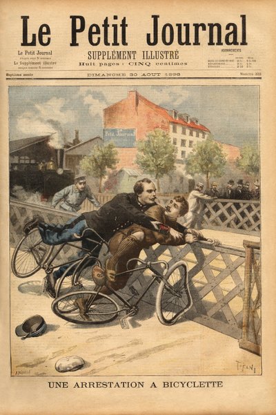 Pyöräpysäytys Champignyn lähellä. Kaiverrus "" Le petit Journal" -lehdessä 30.8.1896. Selvan kokoelma. tekijältä Unknown artist