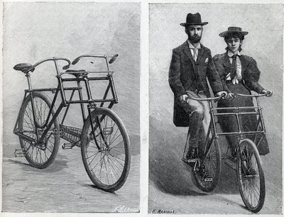 Polkupyörässä on kaksi istuinta valmistajalta ""Punnett Cycle"" ilman pyöräilijöitä ja pyöräilijöiden kanssa. Kaiverrus "" La Nature"" tekijältä Unknown artist