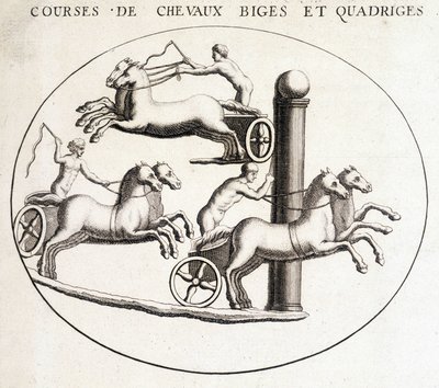 Biges ja quadriges hevoskilpailut. 1800-luvun kaiverrus. tekijältä Unknown artist