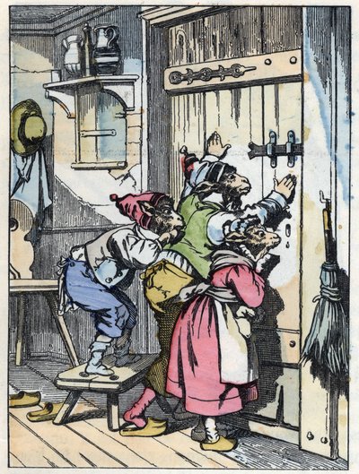 Biketit kuuntelevat, kuka oveen koputtaa. Kuva tarinasta "Compere le Loup, Maitre Renard, Comere la Chevre et ses petits biquets" Jean de la Fontainen tarun mukaan. "" Tarinoita kodista pienimmille"". Anonyymi kaiverrus numerosta 1 tekijältä Unknown artist
