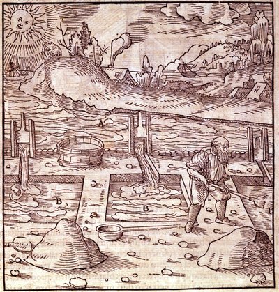Bitumin korjuu. Georg Bauer Agricola ”De Re metallica”” 1500-luvun kirja. Bibl. Milanon tiedemuseosta. tekijältä Unknown artist
