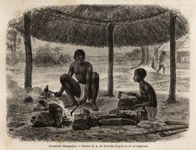 Seppämanganjat (Zambezen alueen etninen ryhmä). Kaiverrus havainnollistamaan tohtori Livingstonen ensimmäisiä matkoja Etelä-Afrikkaan vuosina 1840–1856 Edouard Chartonin johdolla julkaistussa "Le tour du monde, nouveau journal des voyages" -julkaisussa tekijältä Unknown artist