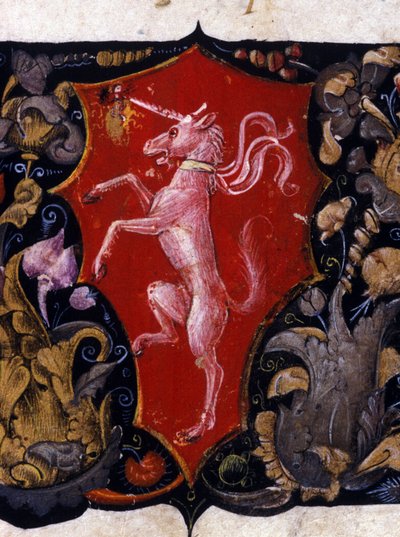 Blazon koristaa yksisarvista punaisella taustalla. Miniatyyrin yksityiskohta. 15-luvulla tekijältä Unknown artist