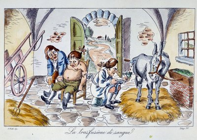 Verensiirto Lääkäri ruiskuttaa hevosen verta potilaaseen. Sarjakuva 1800-luvun yksityiskokoelmasta tekijältä Unknown artist