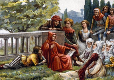 Boccaccio (Boccaccio) lukee Dekameronia ystävilleen ruttoepidemian aikana Firenzessä noin 1348. 1800-luvun lopun kromolitografia. tekijältä Unknown artist