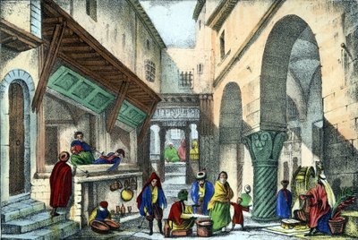 Kauppoja Algerin kadulla. Léon Galibertin teoksessa "Ancient and modern Algeria". Italialainen painos 1846 värissä. tekijältä Unknown artist