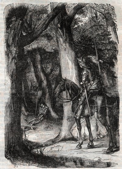 Bradamante apercoit Pinabel (Pinabello) - kaiverrus vuodelta 1851 Ludovico Ariostosta "" Furious Orlando" (1500-luku), joka tunnetaan nimellä Ariosta - Tressanin kreivin italiasta kääntämä painos ja kustantaja Gustave Harvard tekijältä Unknown artist