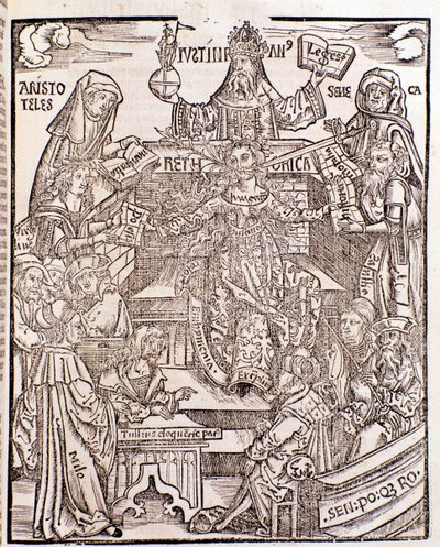 Tiedonhaarat, joita edustaa Aristoteles (ylhäällä vasemmalla), edustaa luonnonfilosofiaa, Seneca edustaa moraalifilosofiaa oikealla ja keisari Justinianus (ylhäällä keskellä). Keskellä olevalla naisella on miekka ja kukkiva oksa tekijältä Unknown artist