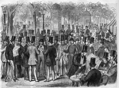 Välittäjät lähellä pientä Bourse du Boulevard des Italiansia Pariisissa, Ranskassa. Kaiverrus kirjaan "The Illustrous Universe" tekijältä Unknown artist