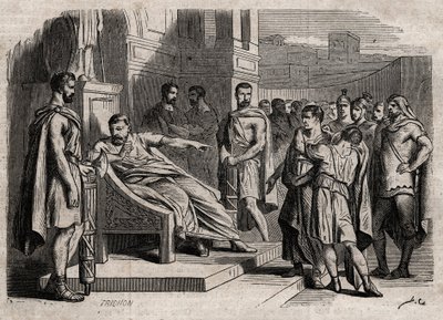 Brutus tuomitsi poikansa kuolemaan - Brutus (Marcus Junius Brutus, 85-42 eKr.) tuomitsi poikansa kuolemaan - kaiverrus "" Dictionnaire populaire illustrious" - 1864 - Joseph Decembre ja Edmond Allonier - tekijältä Unknown artist