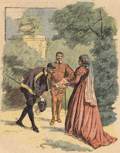 Bussy tervehtii Jeannea Pyhän Luken seurassa puistossa. Kuvitus Alexandre Dumasin romaanista "La Dame de Monsoreau" julkaisussa "Journal des novels populaires illustrées" tekijältä Unknown artist