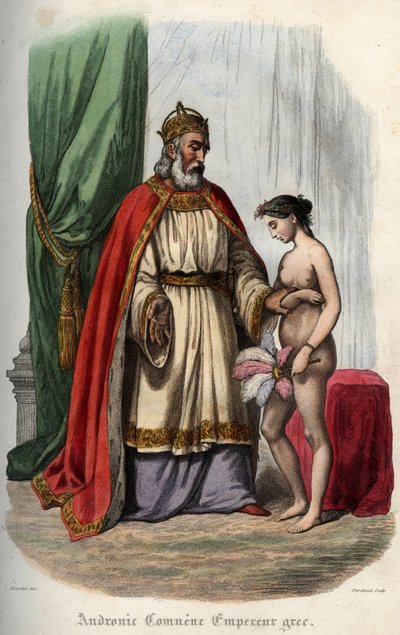 Bysantin keisari Andronikos I Komnenos (tai Andronicus I Comnenus (n. 1118-1185) (Andronic I Comnene) ja hänen vaimonsa Agnes of France (1171-1240), joka on pakotettu esiintymään alasti orgioissaan. Kaiverrus vuodelta 1842 teoksessa "Histoiredes" paavit" k tekijältä Unknown artist