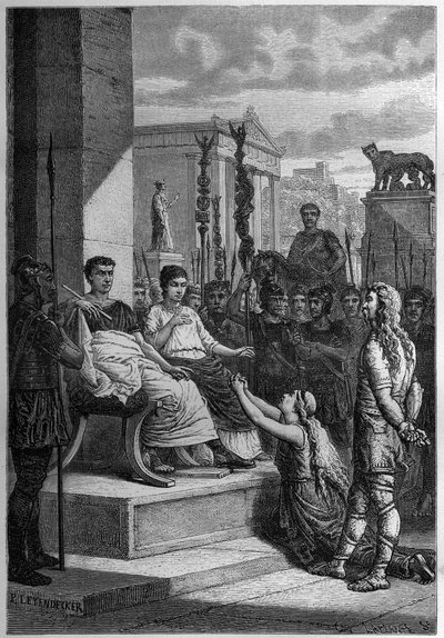 CHAMACUKSEN VANKE – Caratacus (Caratacos, Caratacus) vankeudessa perheensä kanssa puhuu Rooman keisarille Claudius (Claude I) (10 eKr.-54 jKr.) - Kaiverrus Francois
