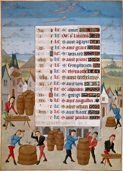 Kalenteri: Elokuu - Viinitynnyrien valmistus - Mestari Jean de Rolinin pienoismalli (1400-luku) teoksesta "Savoian Adelaiden, Burgundin herttuatar" 1460-1465 Chantilly, Musee Conde tekijältä Unknown artist