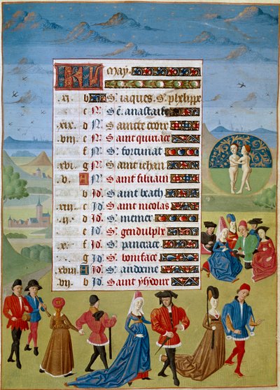 Kalenteri: toukokuu, tansseja ja leikkejä - Jean Rolinin mestarin miniatyyri käsikirjoituksesta "Savoyn Adelaiden, Burgundin herttuataren tunnit" 1460-1465 Chantilly, Musee Conde tekijältä Unknown artist