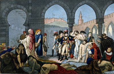 Egyptin kampanja (retkikunta) (1798-1801): Kenraali Bonaparte vierailee pestiferes-sairaalassa Jaffassa. Kaiverrus 1800-luvulta. tekijältä Unknown artist