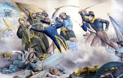 Marsalkka Valée vangitsi Constantinuksen Algeriassa vuonna 1837. Värillinen litografia 1800-luvulta. tekijältä Unknown artist