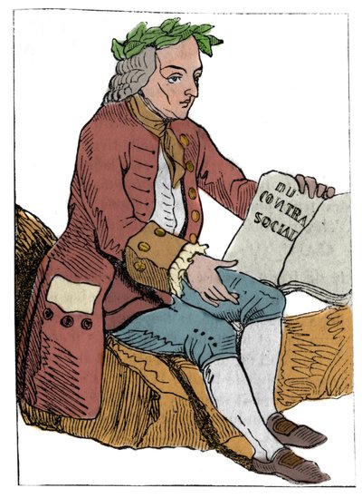 Ranskan tasavallan pelikortti (1793), joka julkaistiin kansalliskokouksessa 21.9.1792 kuningaskuntien kukistumisen jälkeen: filosofin luonne Jean-Jacques (Jean Jacques) Rousseaun piirteiden alla "" yhteiskuntasopimus" (1712-1778) tekijältä Unknown artist