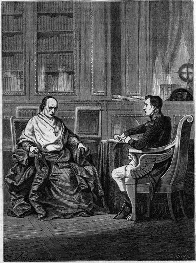 Pius VII:n Pariisin legaatiksi nimeämä kardinaali Giambattista Caprara otti vastaan Malmaisonissa Napoleon Bonaparte vuonna 1801. tekijältä Unknown artist