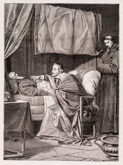 Kardinaali Richelieu isä Josephin kuolinvuoteella - kaiverrus tekijältä Unknown artist