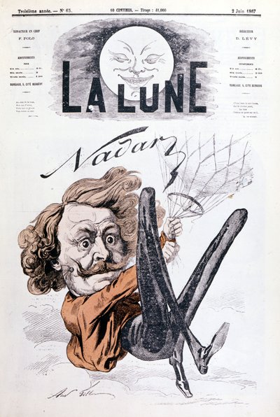 Karikatyyri Nadarin (1820 - 1910) aeronautista. ""The Moon"":n kansi, päivätty 6.2.1867. tekijältä Unknown artist