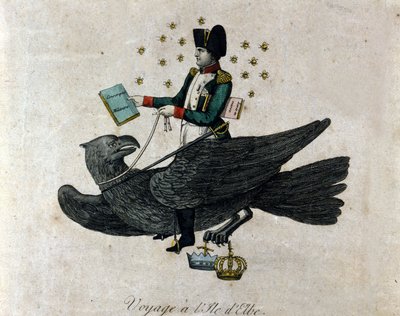 Sarjakuva Napoleonista hänen maanpaosta Elban saarella. Kotkan päällä oleva Napoleon pitää oikeassa kädessään kirjaa Military Conscription. Kauden kaiverrus. tekijältä Unknown artist