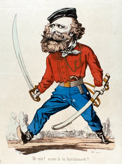 Sarjakuva Giuseppe Garibaldista (1807-1882), italialaista isänmaallista ja Risorgimenton sankareita huudahtaen "" Minun ääni! ou sont les Austrihemards””” Kaiverrus 1800-luvun yksityiskokoelmasta - Giuseppe Garibaldi (1807-1882), italialainen patriootti ja tekijältä Unknown artist