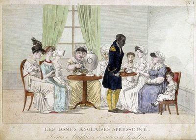 Sarjakuva englantilaisista porvarillisista naisista 1800-luvulla: "Englannin naiset ruokailun jälkeen". Musta palvelija antaa heille teetä tarjottimella. tekijältä Unknown artist